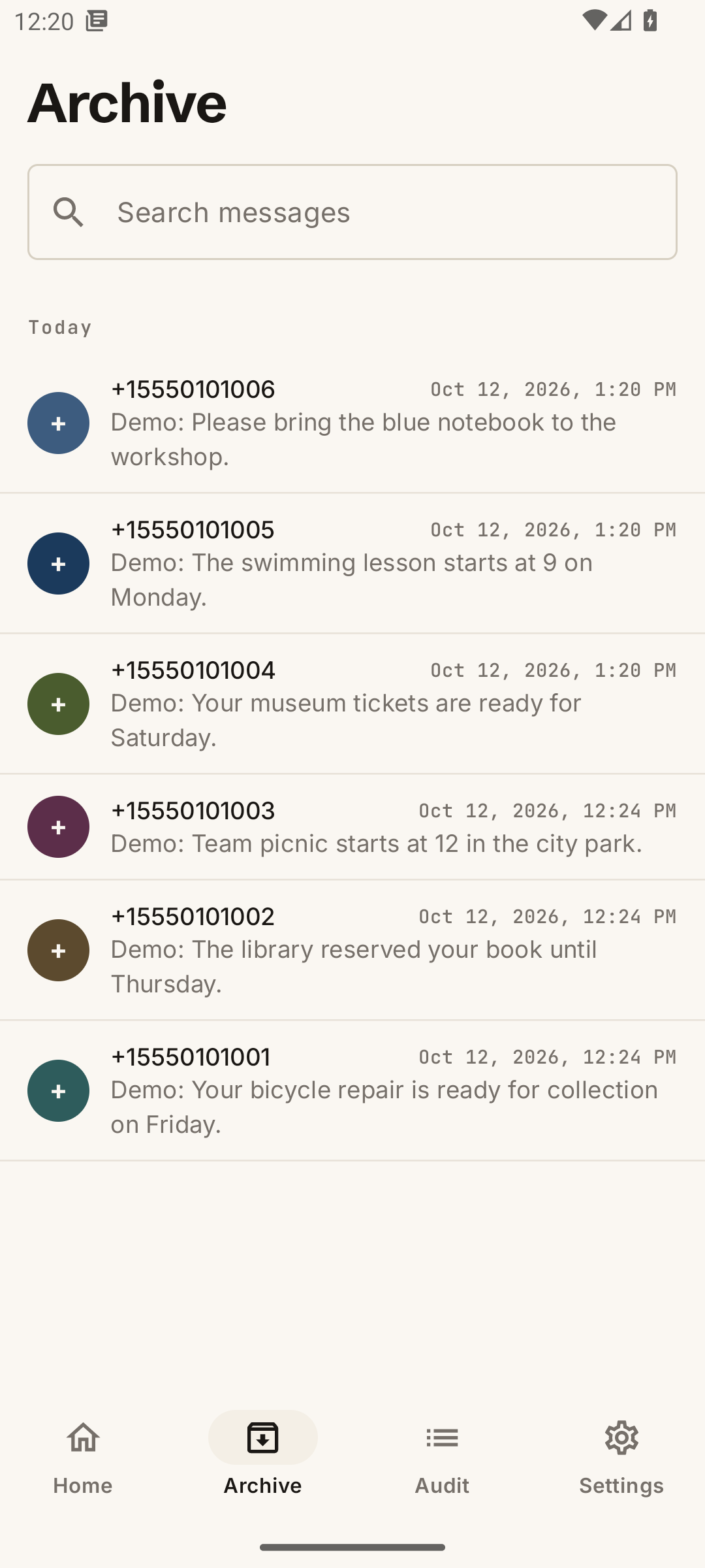 HashKeep Archive with six synthetic SMS messages.