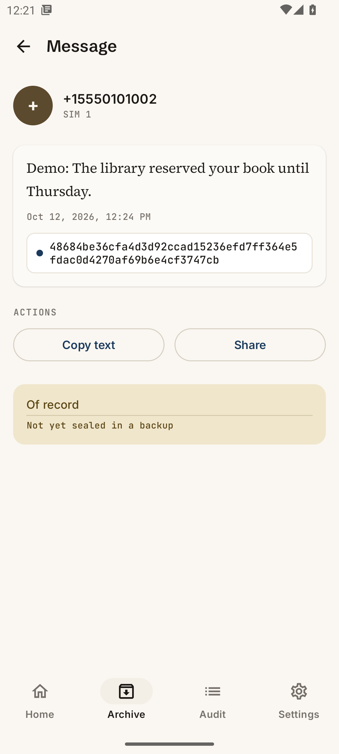 Synthetic library message, timestamp and hash; status says not yet sealed in a backup.