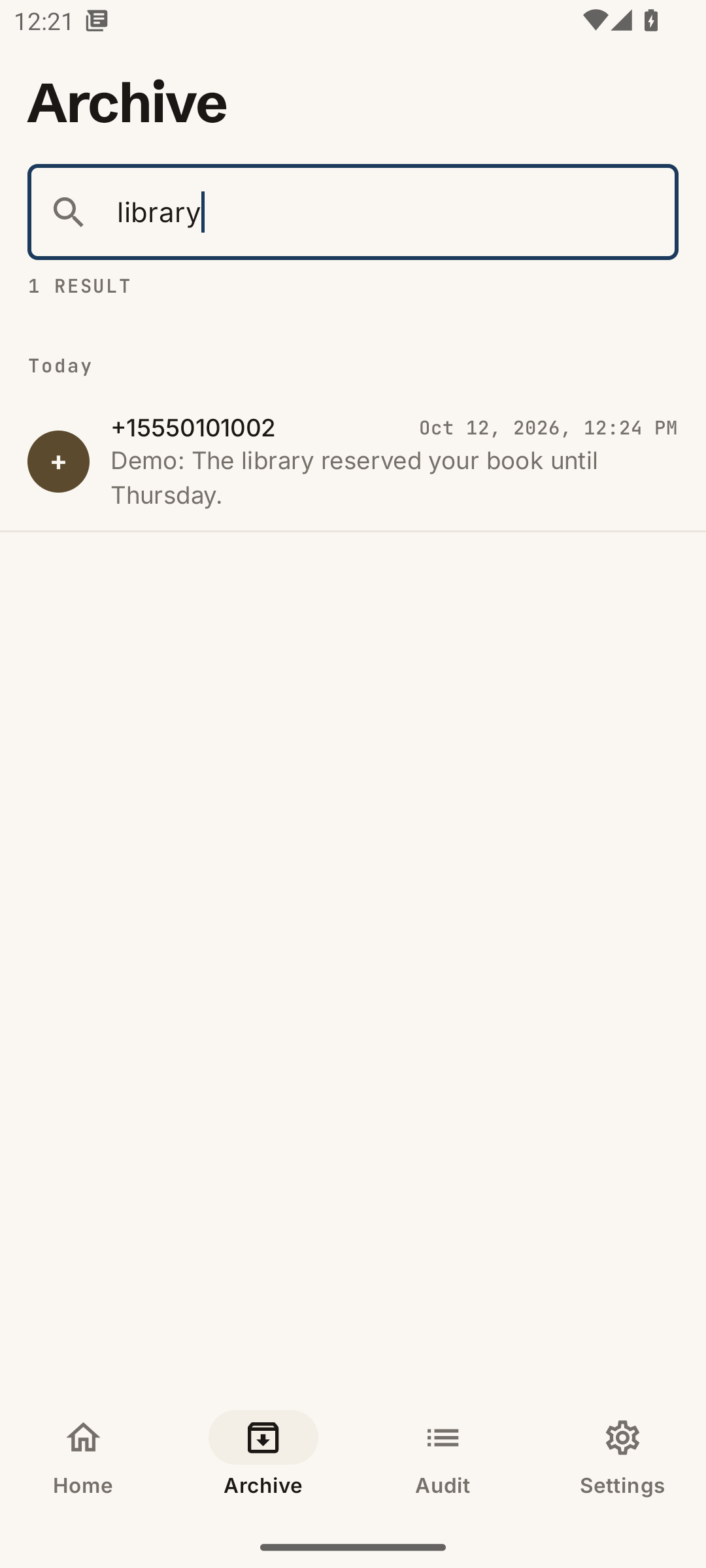 A search for library returns one synthetic message.